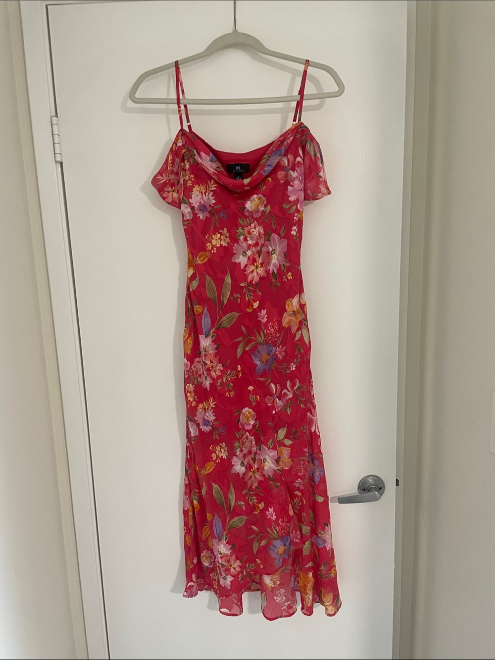 Floral Red Slip Dress with Spaghetti Straps and off the shoulder sleeves